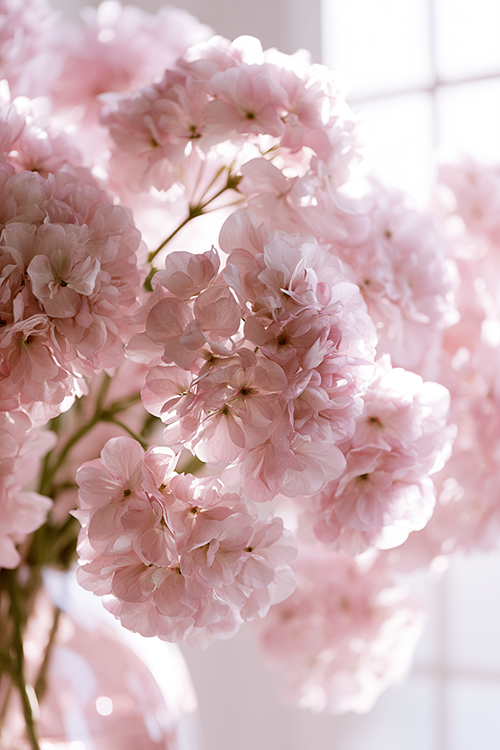 Blush pink hydrangea blooms illuminated by bright window light with airy floral textures and soft pastel tones. 