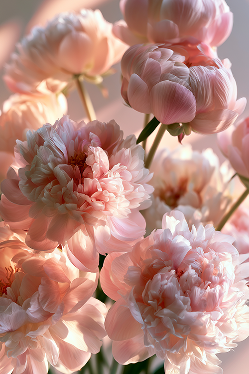 Blush pink peonies captured in warm natural light with lush layered blooms and elegant botanical photography styling