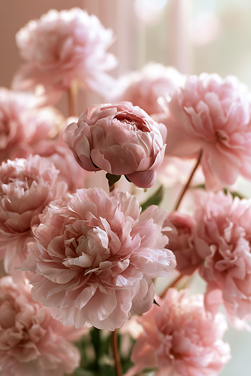Blush pink peonies displaying abundant layered petals in a serene spring garden setting.