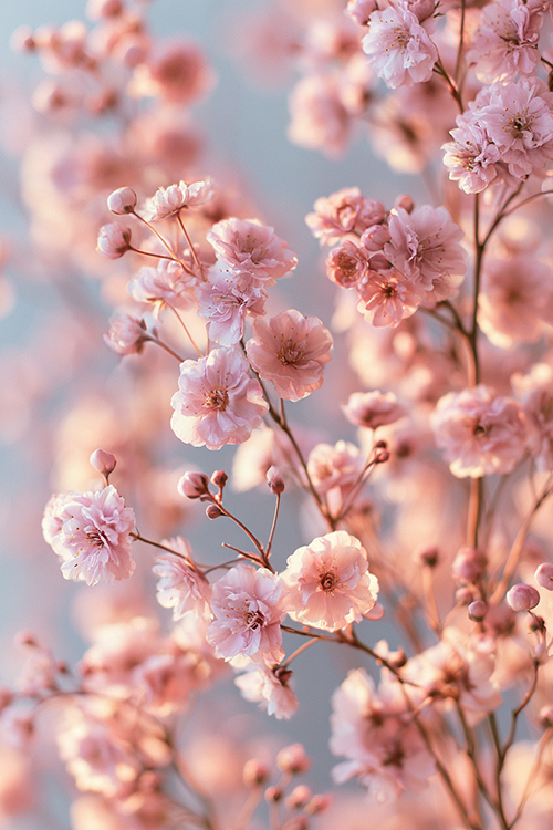 Blush pink cherry blossom branches illuminated by soft morning light with delicate petals and dreamy spring atmosphere