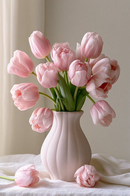 Blush pink tulips gathered in a textured ceramic vase with airy spring atmosphere, soft neutral tones, and graceful floral elegance