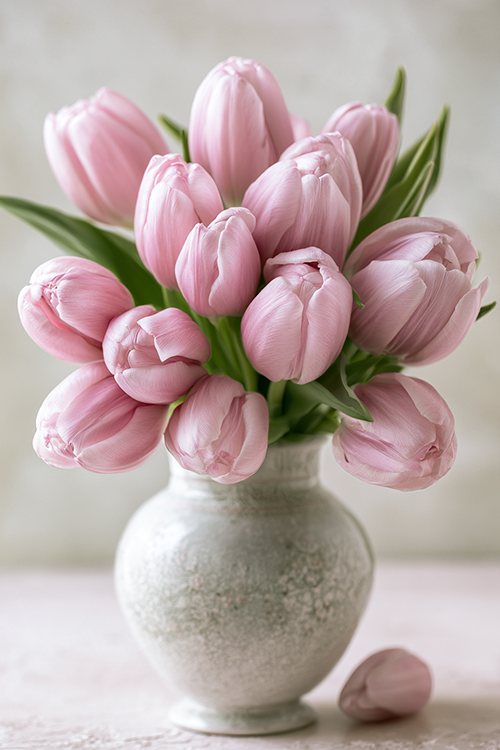 Blush pink tulips gathered in a textured vintage ceramic vase with soft natural light and delicate spring floral styling. 