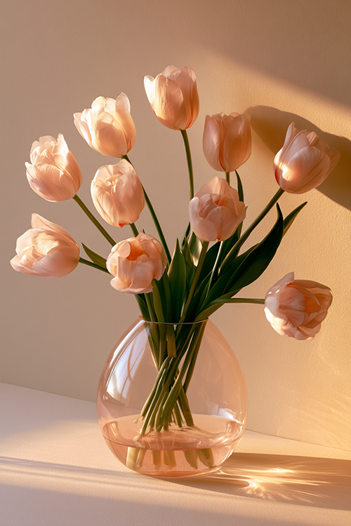 Delicate blush pink tulips glowing in golden sunrise light with pastel petals, fresh spring foliage, and elegant botanical beauty