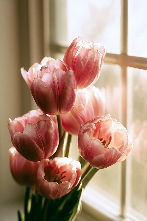 Blush pink tulips illuminated by golden morning sunlight near a cottage window with romantic spring charm and soft botanical beauty