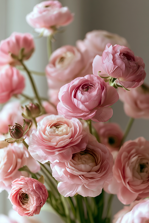 Blush pink ranunculus blooms with layered petals creating a dreamy floral arrangement in soft natural light.
