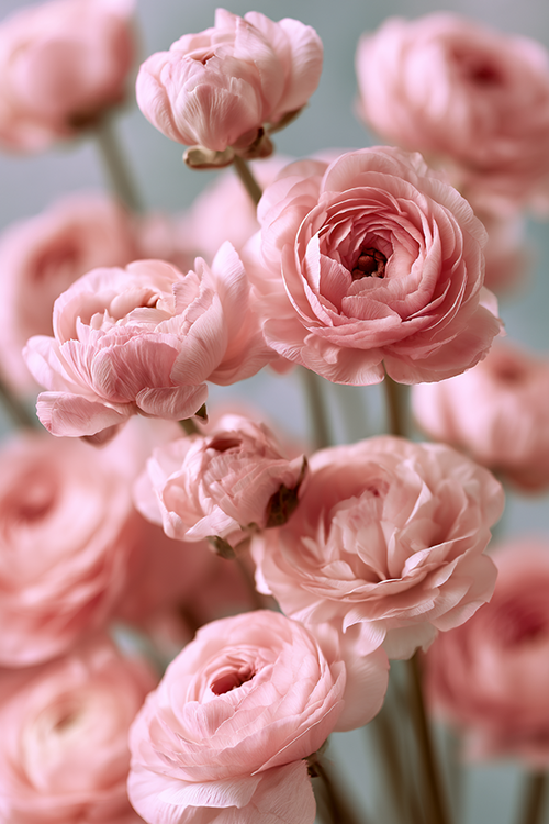 Blush pink ranunculus flowers displaying intricate layered petals against a dreamy pastel background