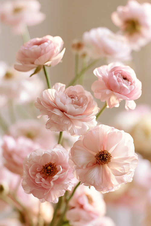 Blush pink ranunculus blooms illuminated by warm morning light with airy floral textures and romantic pastel tones. 