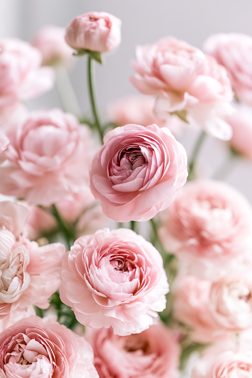 Delicate blush pink ranunculus flowers with perfectly layered petals creating a dreamy pastel floral display