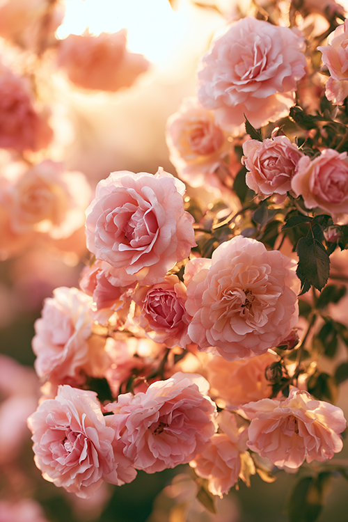Soft pink garden roses illuminated by warm sunrise light creating a dreamy floral atmosphere filled with natural beauty.
