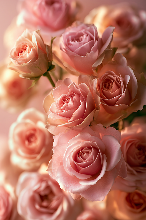 Blush pink roses illuminated by warm golden sunlight with delicate petals and dreamy floral elegance.