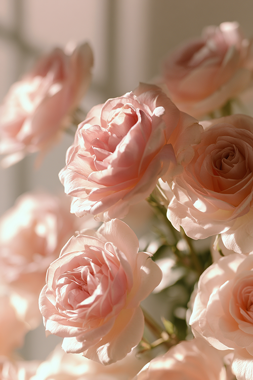 Blush pink roses illuminated by warm golden sunlight with delicate petals and a romantic garden atmosphere