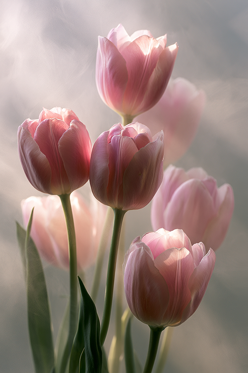 Blush pink tulips emerging through soft morning haze with delicate petals and dreamy spring light.