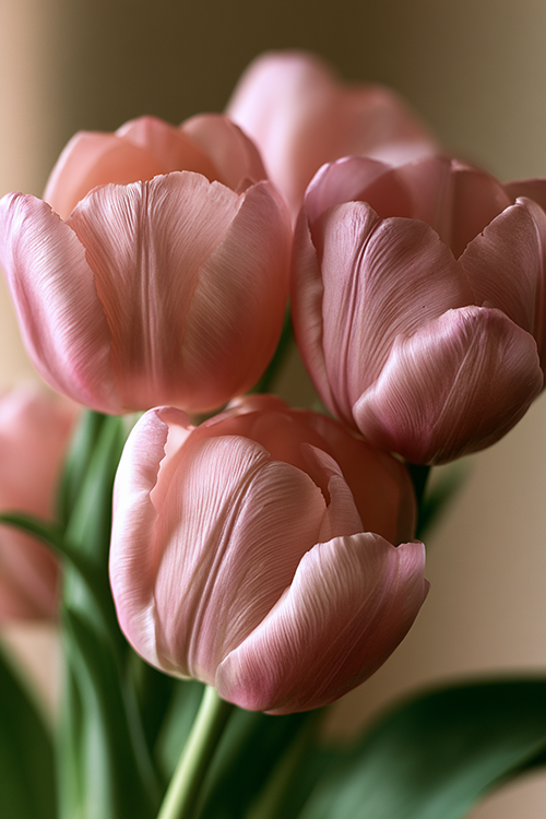 Close-up blush pink tulips glowing in soft morning light with delicate pastel petals, shallow depth of field, and elegant