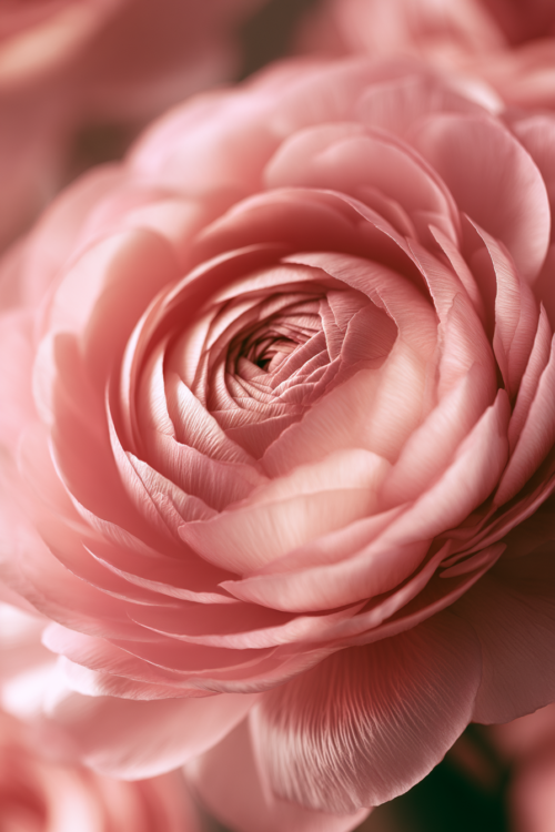 Close-up blush pink ranunculus with luminous layered petals and soft botanical background