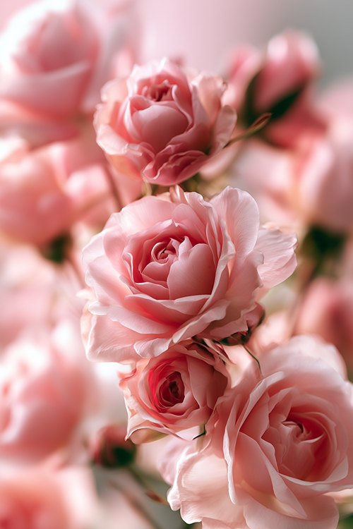 Close-up pink roses glowing in gentle spring light with layered petals, soft botanical atmosphere, and elegant floral beauty.