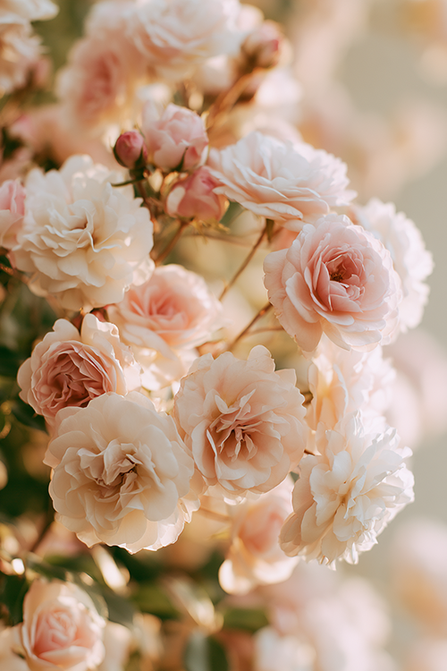Delicate blush roses and rosebuds glowing in gentle sunlight with timeless cottage garden beauty and soft floral textures.