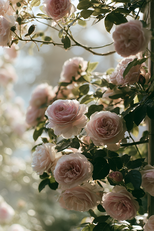 Delicate blush roses climbing through a sunlit cottage garden with fresh green foliage and dreamy morning atmosphere