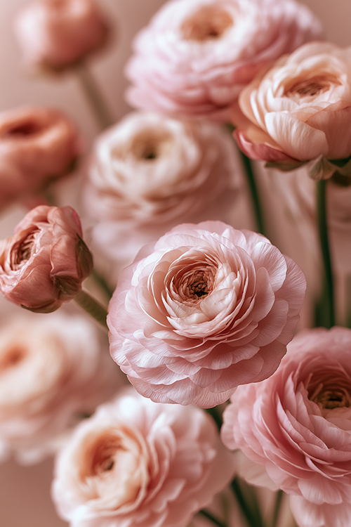 Delicate blush ranunculus flowers with layered petals, soft natural light, and elegant botanical beauty