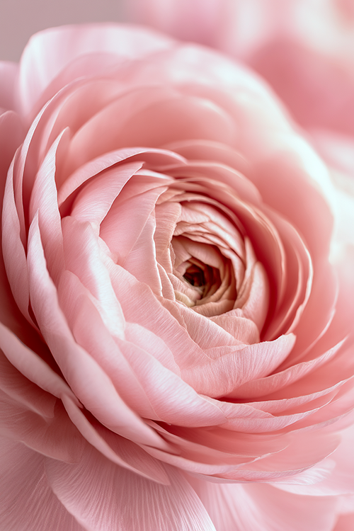 Delicate blush pink ranunculus revealing intricate petal layers in soft natural light