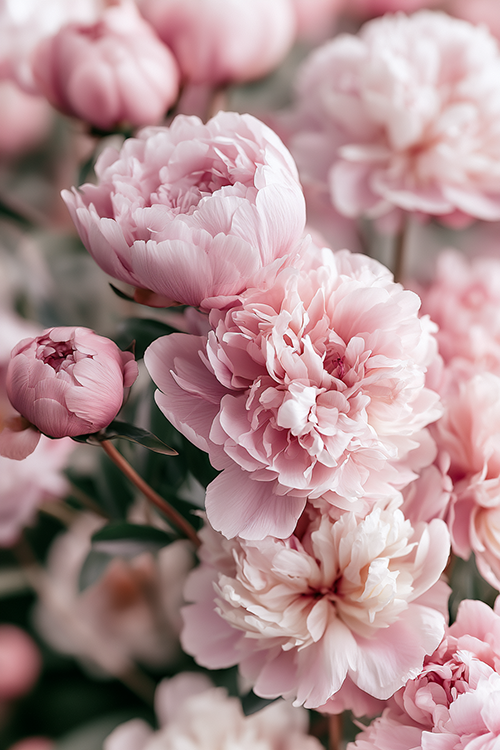 Delicate soft pink peonies displaying intricate layered petals in a dreamy spring garden setting.