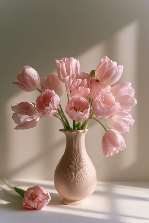 Delicate pink tulips arranged in a vintage ceramic vase glowing in gentle morning sunlight with elegant spring styling and botanical beauty.