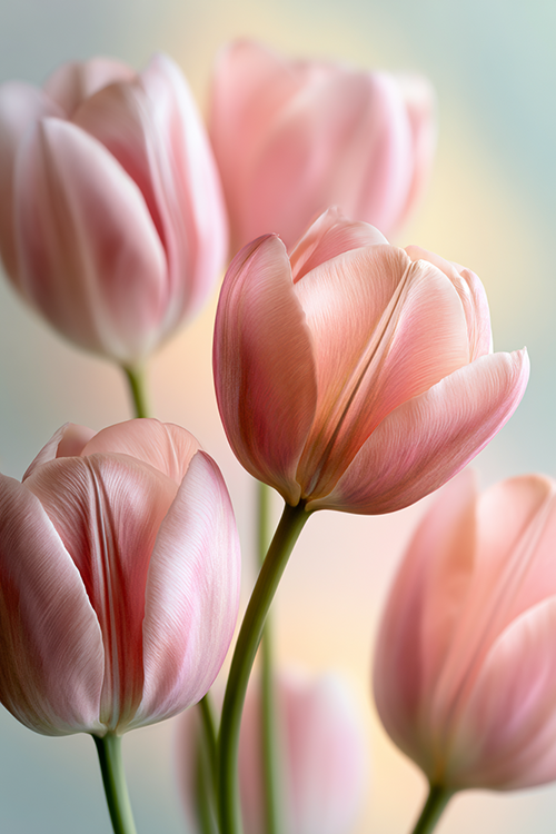 Dreamy blush pink tulips with luminous petals and soft botanical styling creating a serene spring aesthetic. 