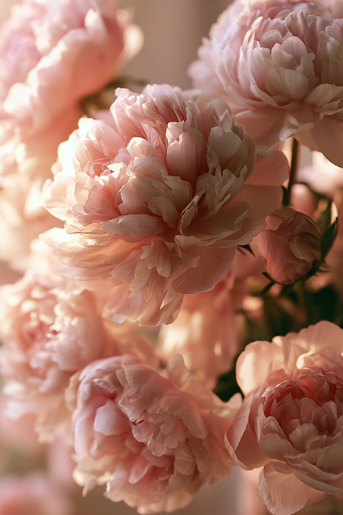 Romantic soft pink peonies illuminated by golden morning light with layered petals and dreamy floral elegance.