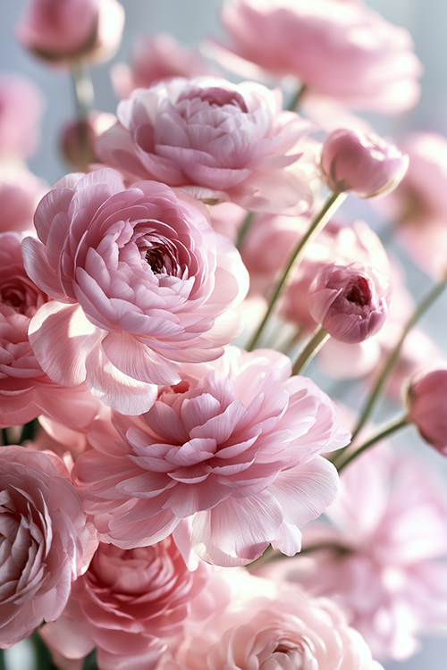 Dreamy pink ranunculus flowers blooming in a luminous spring garden with soft petals and elegant botanical charm.