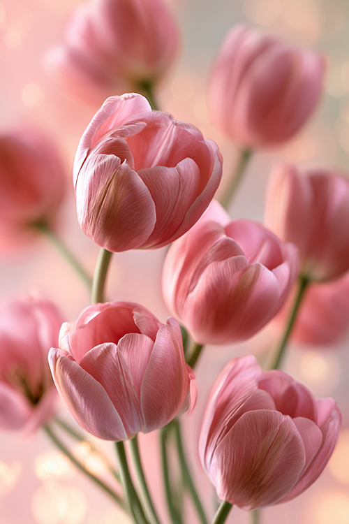 Dreamy pink tulips glowing against a soft pastel bokeh background with delicate spring colors and romantic floral charm