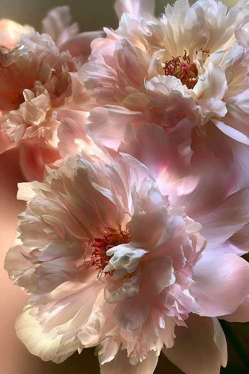 Glowing blush peonies illuminated by warm sunlight, revealing luminous petals and botanical beauty.