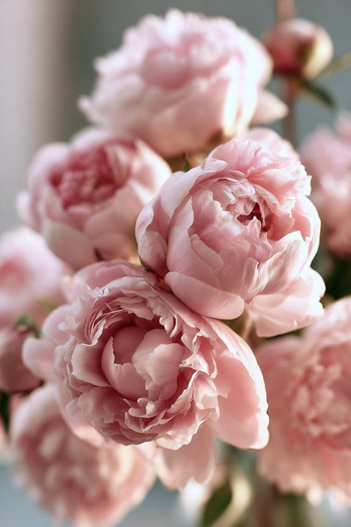 Lush soft pink peonies glowing in warm morning sunlight with elegant pastel petals and airy botanical garden beauty.