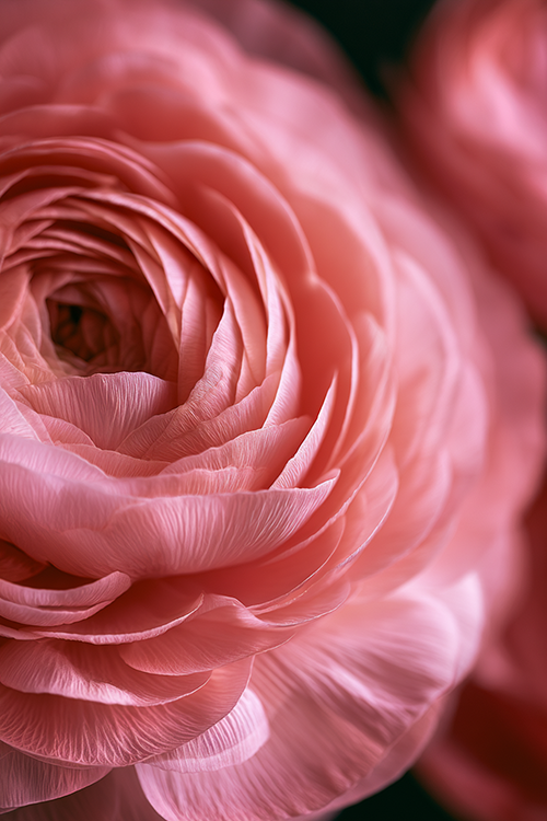 Macro view of pastel pink ranunculus petals showcasing elegant texture and floral detail