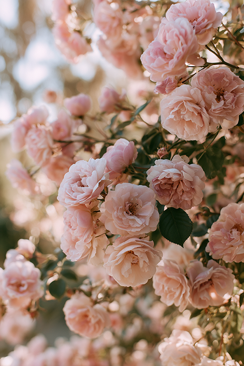 Pastel pink roses surrounded by lush green foliage in a luminous cottage garden setting.