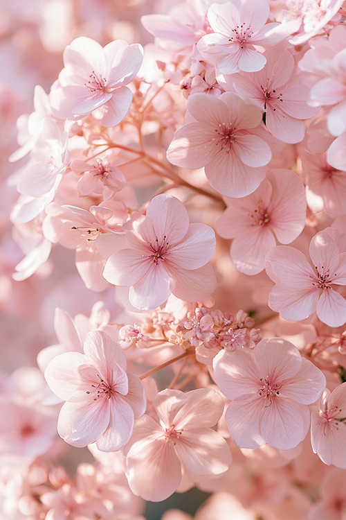 Pastel pink hydrangea flower clusters creating a graceful botanical display with soft spring colors and natural elegance