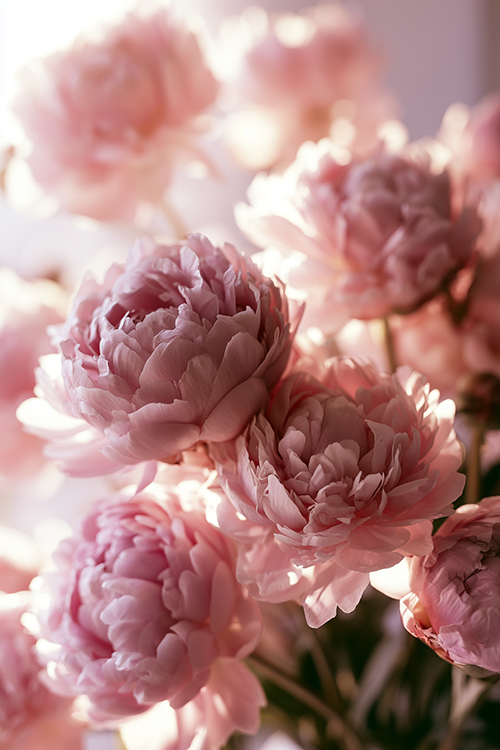 Delicate pastel pink peonies blooming in soft sunlight with graceful petals and timeless garden beauty.