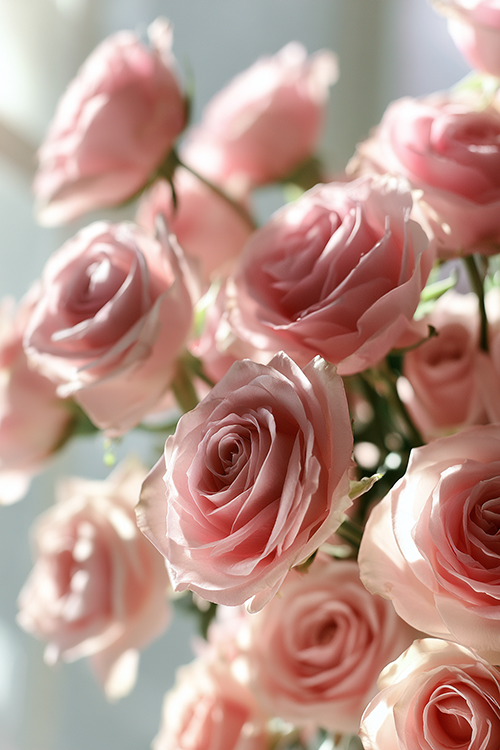 Pastel pink rose blooms surrounded by soft natural light and airy botanical textures in a spring garden.