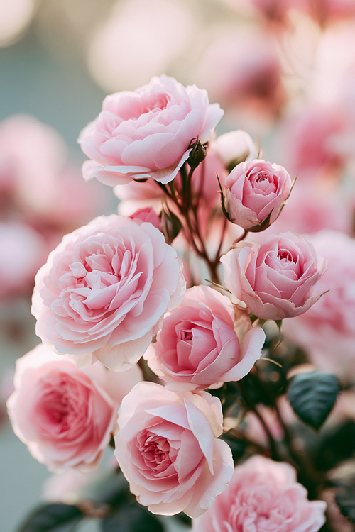 Pastel pink garden roses glowing in gentle morning light with dreamy floral beauty and soft-focus background