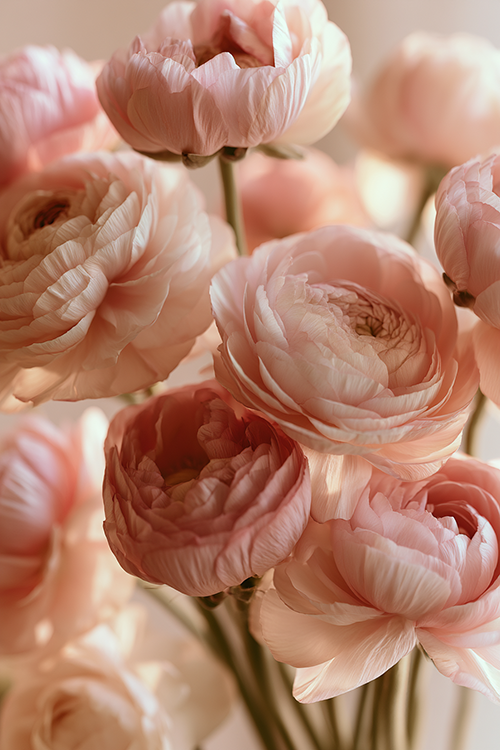 Pastel ranunculus flowers glowing in soft morning light with elegant botanical photography styling