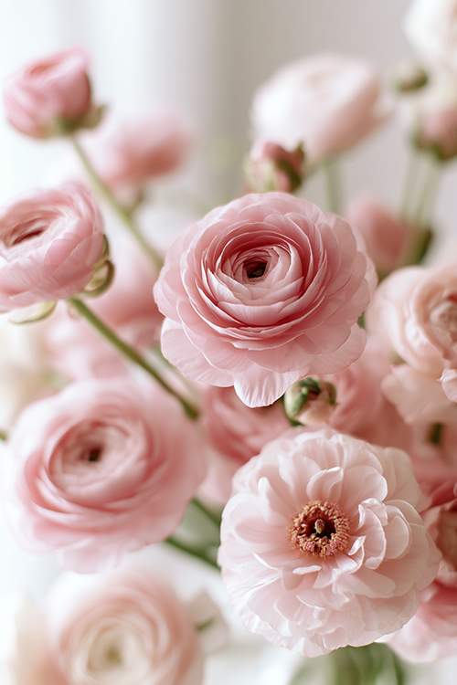 Close-up of pastel pink ranunculus blooms showcasing intricate layered petals and elegant floral beauty