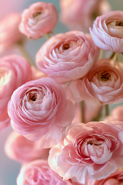 Pastel pink ranunculus flowers with intricate layered petals creating a graceful botanical display in soft natural light.