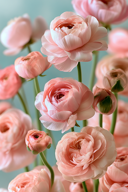 Pastel pink ranunculus blooms illuminated by soft natural light with elegant botanical detail.