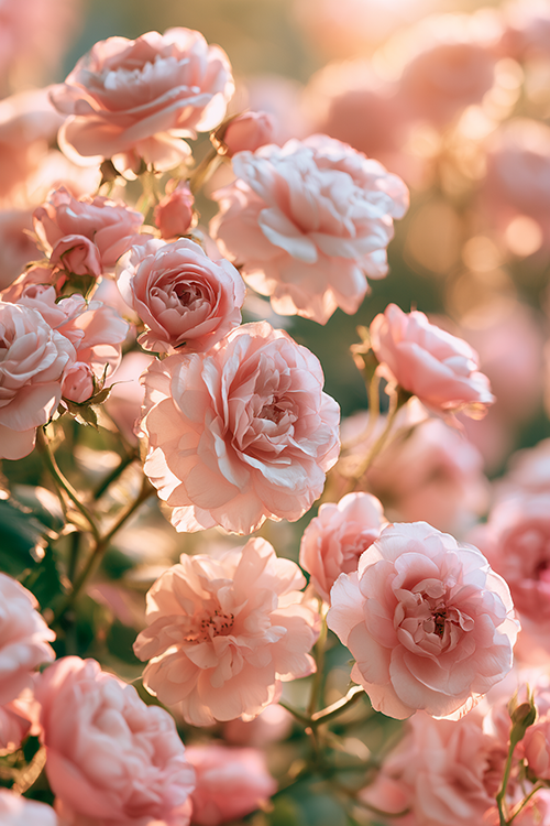 Pastel blush roses blooming in golden morning sunlight with airy botanical elegance and romantic garden charm.