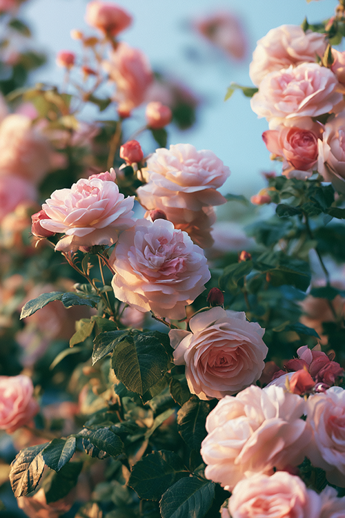 Soft pastel pink roses glowing in gentle morning sunlight with dreamy cottage garden beauty and delicate floral textures. 