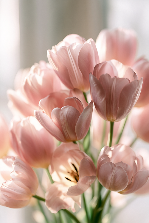 Close-up of pastel pink tulips illuminated by gentle sunlight, showcasing delicate petals and romantic floral beauty.
