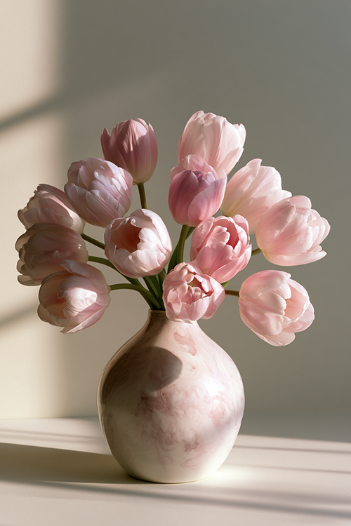Pastel pink tulips displayed in a marbled ceramic vase with dreamy sunlight, delicate petals, and refined botanical styling