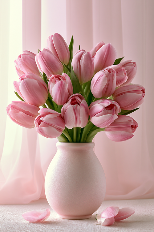 Pastel pink tulips displayed in a ceramic vase against soft draped fabric creating a romantic cottage-inspired floral aesthetic.
