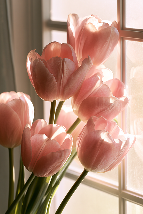 Pastel pink tulips basking in gentle sunlight beside a bright cottage window with dreamy floral elegance and spring warmth.
