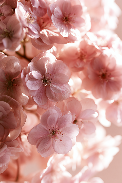 Close-up pink hydrangea blossoms glowing with delicate petals and warm luminous garden light. 