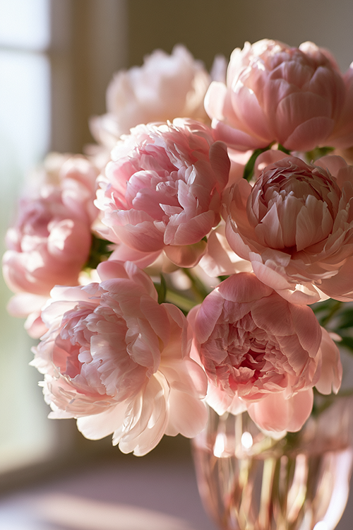 Elegant pink peonies arranged in a glass vase beside a sunlit window creating a soft floral interior aesthetic.