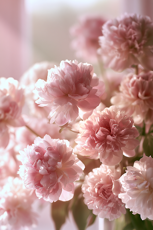 Soft pink peonies illuminated by warm morning sunlight with dreamy floral atmosphere and delicate petals.
